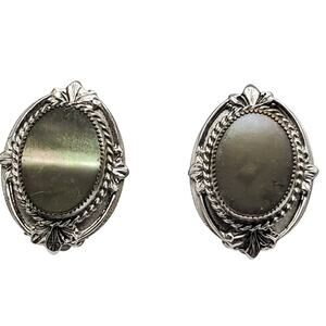 Whiting & Davis Earrings Mother of Pearl Oval Clip Silver Rope Frame Vintage MOP